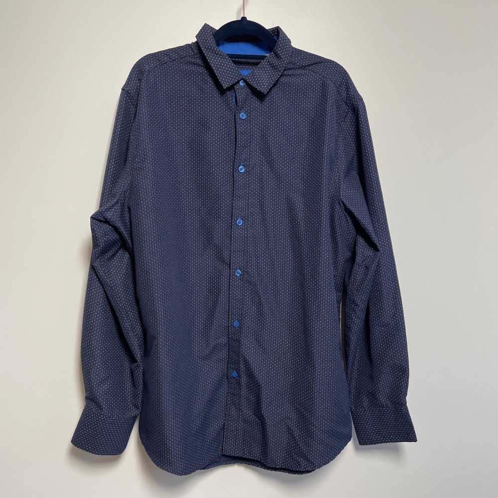 Berto Romani Mens XL Navy Blue Geometric Print Long Sleeve Button Up Shirt